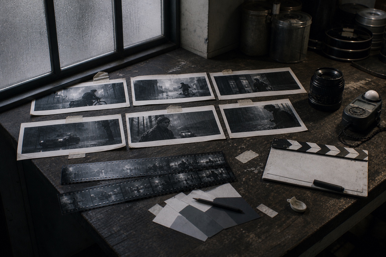 A realistic rendered film-development table with storyboard prints and production tools