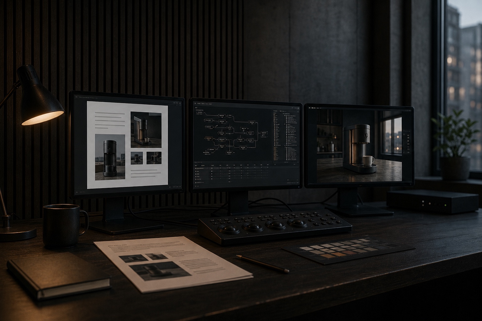 A realistic render of a creative review desk comparing work across several displays