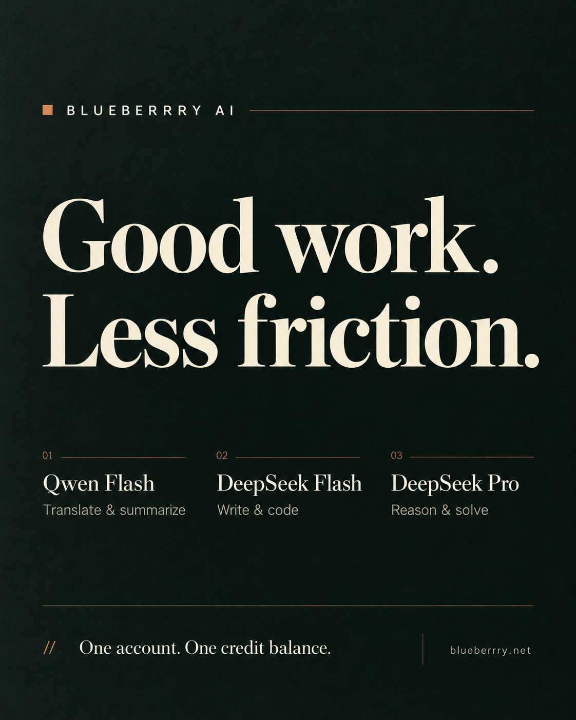 Good work. Less friction. Qwen Flash for translation and summaries, DeepSeek Flash for writing and code, and DeepSeek Pro for reasoning — one account and one credit balance.